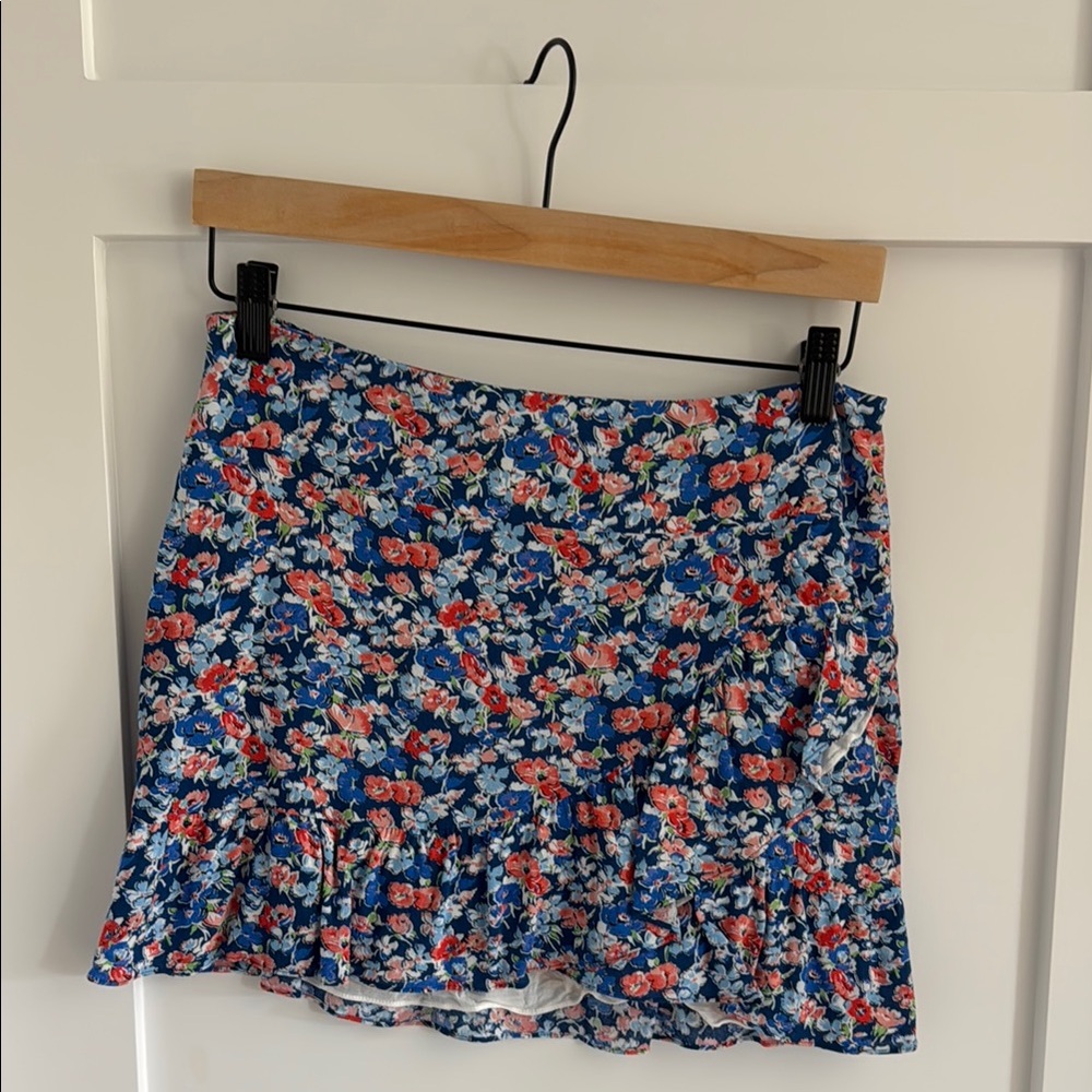 Sezane Floral Mini Skirt in Blue and Red